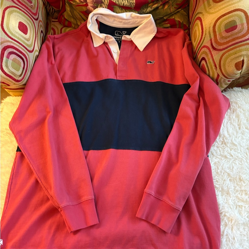 Vineyard Vines Men’s Salmon Long-Sleeve Polo with Navy Stripe and White Collar